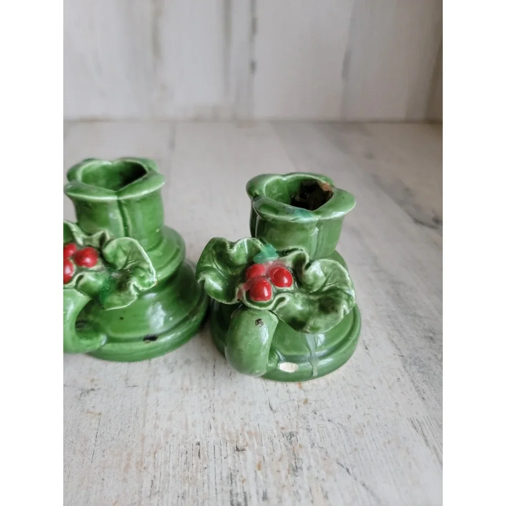 Ceramic mistletoe Holly candle stick green ceramic Xmas set home decor